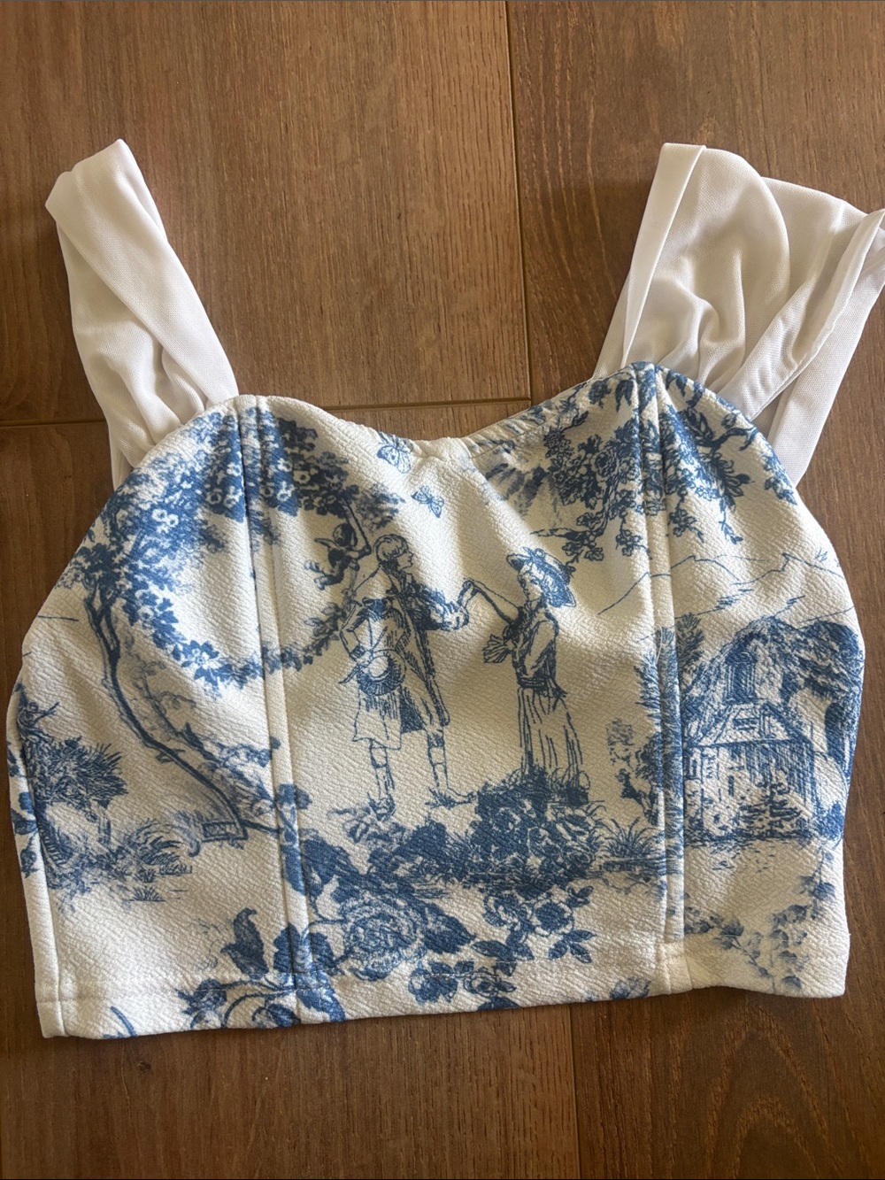 Blue Toile Bustier Crop Top with White Sleeves